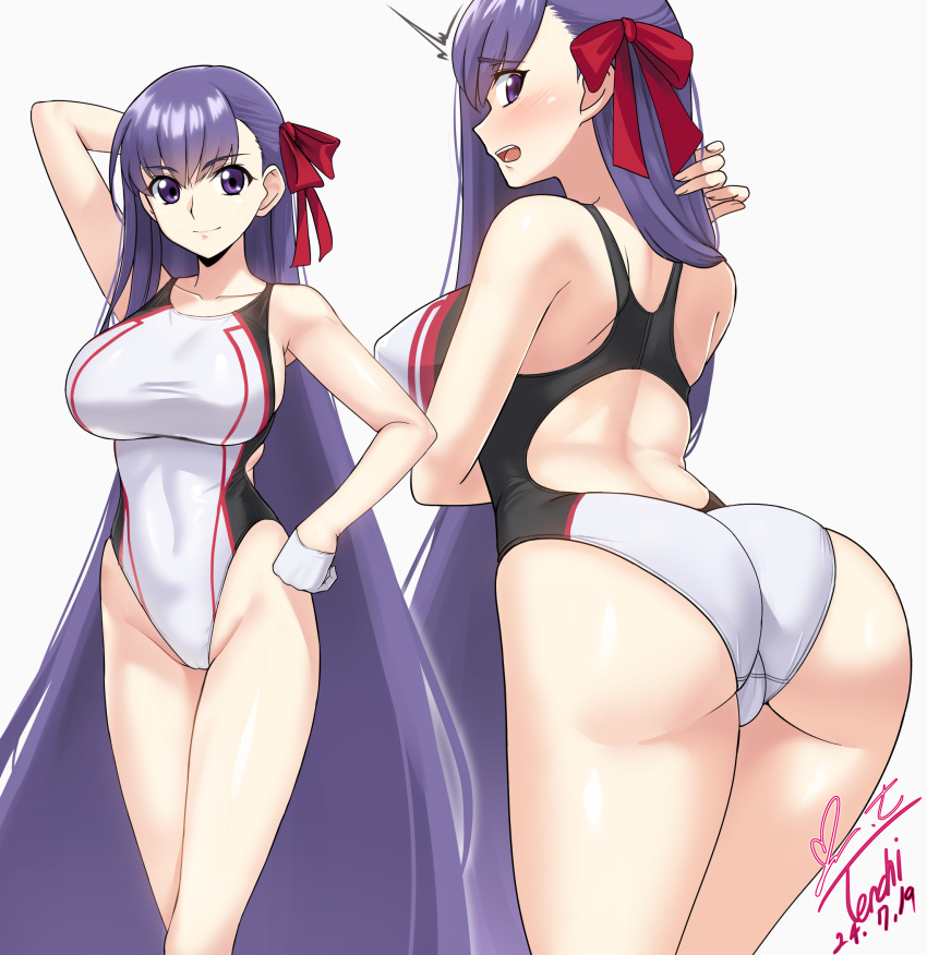 bb_(fate) blush breasts cameltoe cleft_of_venus commission competition_swimsuit covered_navel fate/grand_order fate_(series) female gloves hair_ornament hair_ribbon highleg highres large_breasts long_hair looking_at_viewer multicolored_clothes multicolored_swimsuit multiple_views one-piece_swimsuit pixiv_commission purple_eyes ribbon simple_background smile solo swimsuit white_background white_gloves yoo_tenchi