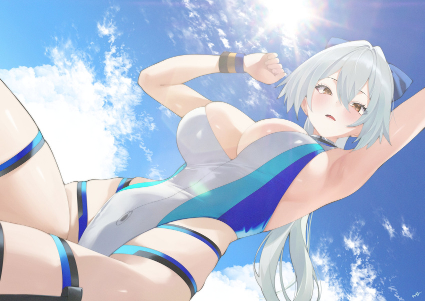 armpits blue_bow blue_hair blush bow breasts brown_eyes cloud fate/grand_order fate_(series) female from_below hairbow halterneck highres kurozawa_yui large_breasts long_hair looking_at_viewer looking_down pale_skin ponytail skindentation sky solo swimsuit thigh_strap tomoe_gozen_(fate) tomoe_gozen_(swimsuit_saber)_(fate) tomoe_gozen_(swimsuit_saber)_(first_ascension)_(fate) tsurime wind wristband