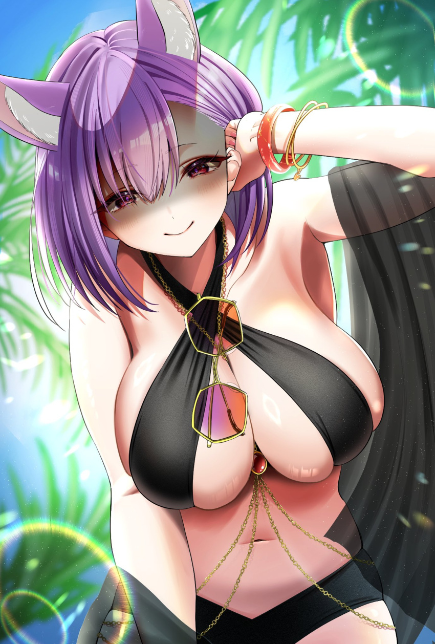 animal_ear_fluff animal_ears bare_shoulders bikini black_bikini blush breasts cleavage commission day female fox_ears fox_girl glasses half-closed_eyes highres indie_virtual_youtuber jewelry kamishiro_natsume kitsune large_breasts leaning_forward leonis_g looking_at_viewer medium_hair navel outdoors purple_hair red_eyes shaded_face skeb_commission smile solo swimsuit unworn_eyewear virtual_youtuber yandere