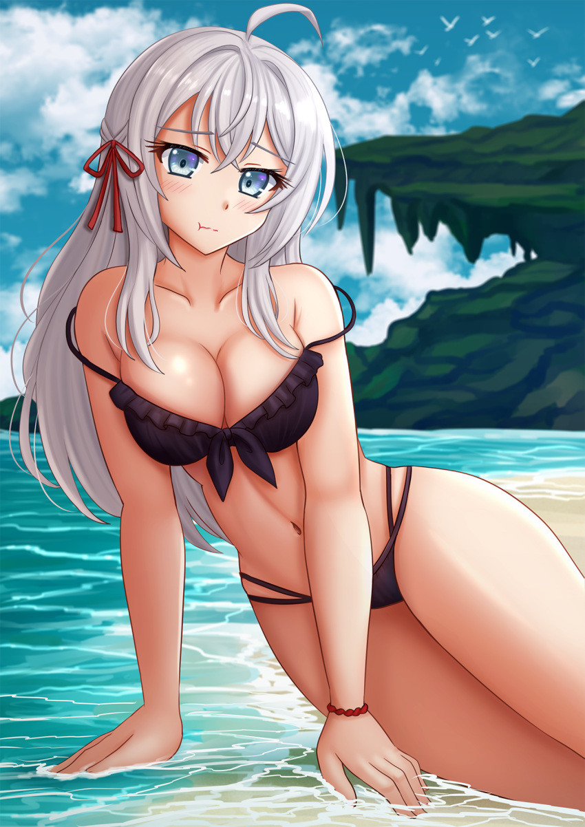 :t ahoge alisa_mikhailovna_kujou arm_support bare_arms bare_shoulders beach bikini black_bikini blue_sky blush breasts cleavage closed_mouth cloud cloudy_sky collarbone commentary day female frilled_bikini frills grey_eyes grey_hair highres kazenokaze long_hair looking_at_viewer medium_breasts navel outdoors pout sand sky solo strap_slip swimsuit tokidoki_bosotto_roshia-go_de_dereru_tonari_no_arya-san very_long_hair water