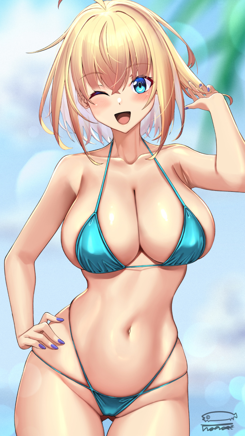 aqua_bikini aqua_eyes ass_visible_through_thighs beach bikini blonde_hair blurry blurry_background blush breasts cameltoe cleavage collarbone contrapposto covered_nipples cowboy_shot curvy female hand_on_own_hip hand_up highres large_breasts looking_at_viewer medium_hair navel one_eye_closed open_mouth original purple_nails signature skindentation smile solo sophia_f_shirring swimsuit takamine_nadare