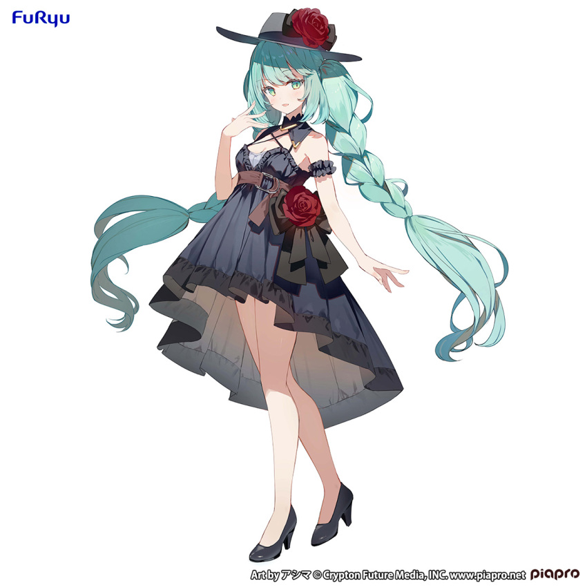 aqua_eyes aqua_hair bare_shoulders belt belt_buckle black_bow black_collar black_dress black_footwear bow braid breasts brown_belt buckle cleavage collar commentary_request detached_collar dress female figure_available flower frills full_body hat hat_flower hatsune_miku highres light_blush long_hair looking_at_viewer medium_breasts merchandise_available official_art open_mouth red_flower red_rose rose second-party_source simple_background solo standing sun_hat sutorora swept_bangs three_quarter_view twin_braids twintails very_long_hair vocaloid white_background