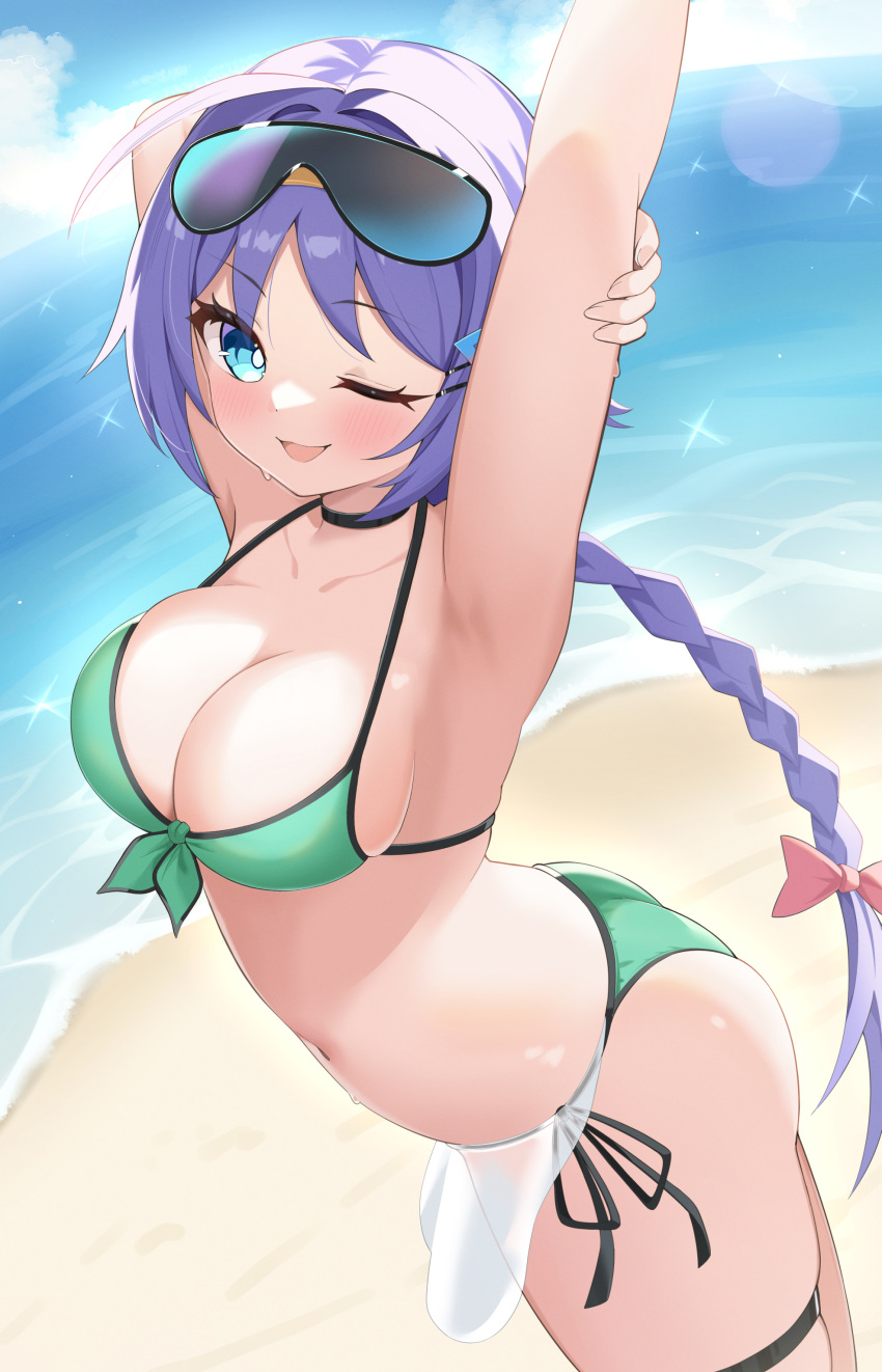 absurdres arm_up armpits ass azur_lane beach bikini black_choker blue_eyes blush bow breasts choker cleavage collarbone commission elegant_(sumisumi4268) female goggles goggles_on_head green_bikini hairbow highres large_breasts long_braid long_hair looking_at_viewer navel nicoloso_da_recco_(azur_lane) nicoloso_da_recco_(to_a_smashing_voyage!)_(azur_lane) ocean official_alternate_costume one_eye_closed open_mouth pink_bow purple_hair sand side-tie_bikini_bottom skeb_commission skindentation smile solo stomach swimsuit thigh_strap water