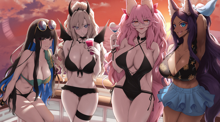 4girls animal_ear_fluff animal_ears aqua_eyes bare_shoulders bikini black_bikini black_hair black_one-piece_swimsuit blue_hair blue_shorts blue_skirt blush bow breasts choker cleavage collarbone colored_inner_hair dark-skinned_female dark_skin demon_horns eyeliner fake_horns fate/grand_order fate_(series) fox_ears fox_girl fox_tail glasses green_bikini grey_eyes hairband hairbow highres horns jackal_ears koyanskaya_(fate) koyanskaya_(twin_tail)_(fate) kriemhild_(fate) kriemhild_(love_delusion)_(fate) large_breasts long_hair looking_at_viewer makeup miniskirt mole mole_under_eye multicolored_hair multiple_girls navel one-piece_swimsuit open_mouth parted_bangs pink_bow pink_hair purple_hair queen_of_sheba_(all_night_fever)_(fate) queen_of_sheba_(fate) round_eyewear shiroshisu short_shorts shorts sidelocks skirt small_breasts smile sunglasses swimsuit tail tamamo_(fate) tenochtitlan_(cactus_city)_(fate) tenochtitlan_(fate) thighs white_hair yellow_eyes