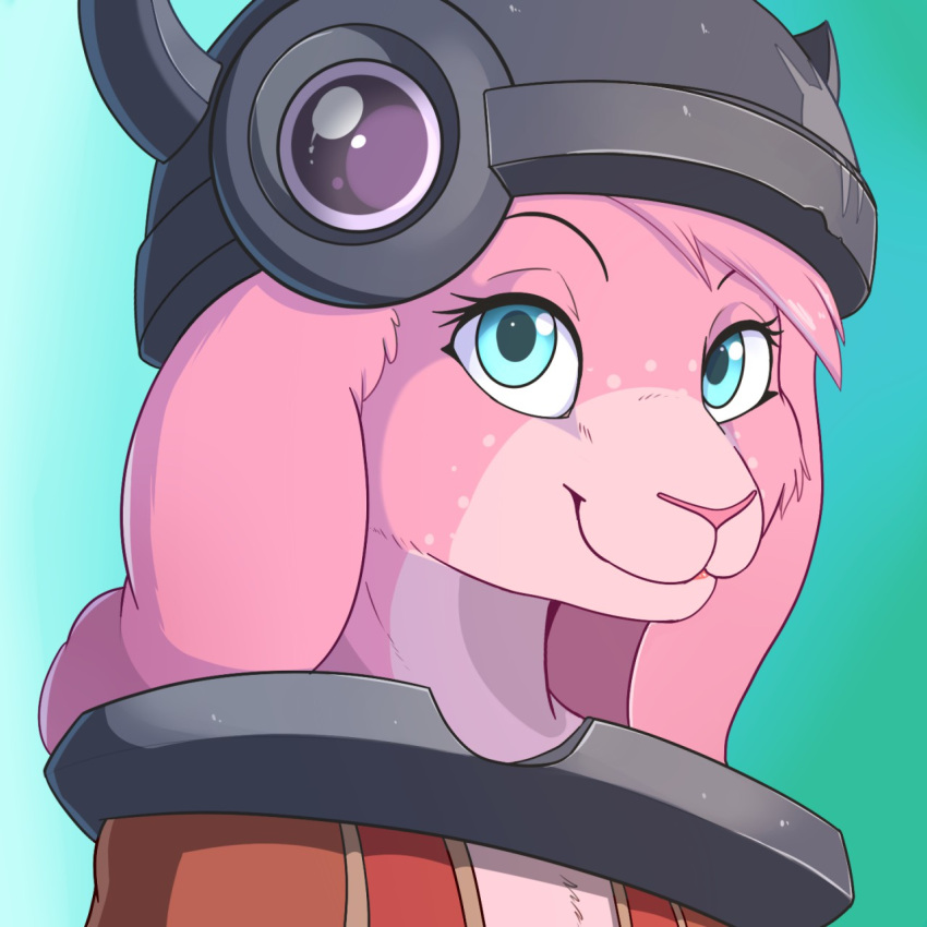 anthro blue_eyes bunnykisses bust_portrait closed_smile clothing eyelashes female fur glistening glistening_eyes grey_helmet hair hi_res lagomorph leporid looking_at_viewer mammal mouth_closed pink_body pink_fur pink_hair pink_nose portrait rabbit red_clothing red_topwear smile solo topwear