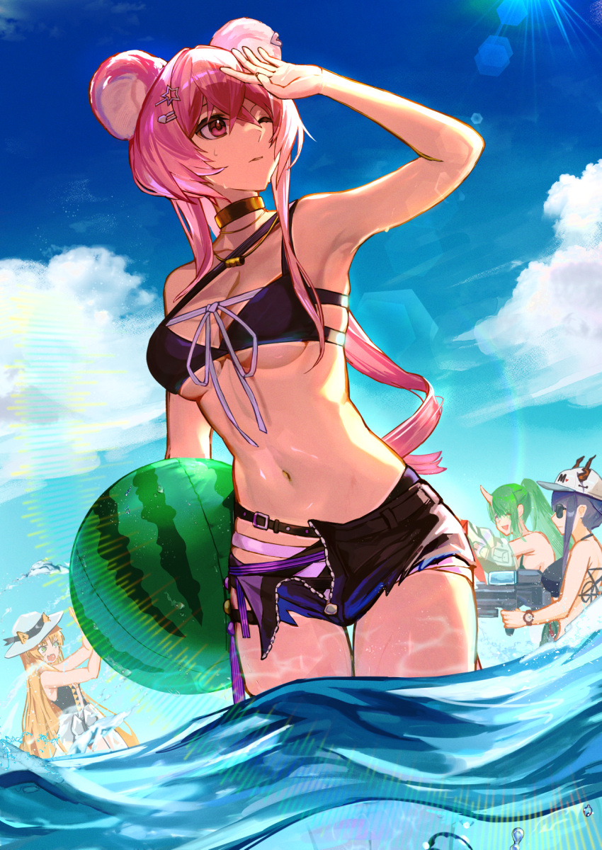 4girls animal_ears arknights ball bare_shoulders baseball_cap beachball bikini black_bikini black_bra black_shorts blonde_hair blue_hair bra breasts ch'en_(arknights) ch'en_the_holungday_(arknights) closed_mouth cowboy_shot dragon_girl dragon_horns ears_through_headwear green_eyes green_hair hair_between_eyes hairband hat highres holding holding_ball holding_beachball horns hoshiguma_(arknights) jewelry lin_(arknights) long_hair medium_breasts mouse_ears mouse_girl multiple_girls official_alternate_costume open_mouth outdoors panties pink_hair purple_eyes short_shorts shorts single_horn smile sunglasses swimsuit swire_(arknights) tiger_ears tsugu0302 underwear water watermelon_beachball white_hat white_panties