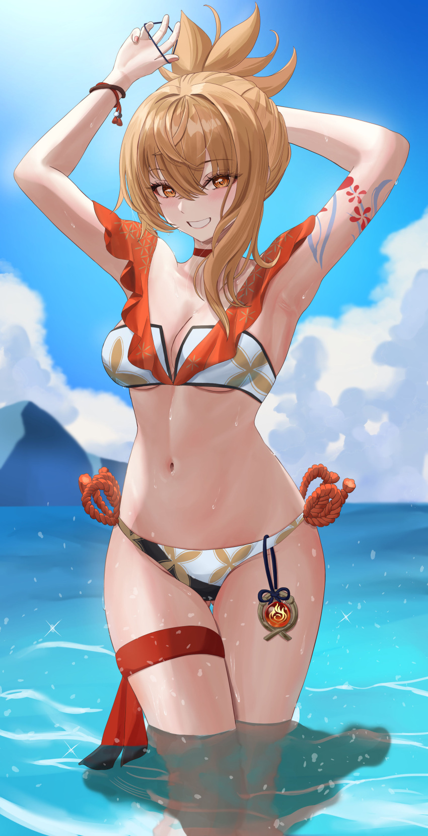 absurdres arm_tattoo armpits arms_up bikini blonde_hair blue_sky breasts choker cleavage cloud day female genshin_impact grin highres ituka_kanau long_hair looking_at_viewer navel orange_eyes red_choker sky small_breasts smile solo standing stomach swimsuit tattoo thigh_strap thighs wading water white_bikini yoimiya_(genshin_impact)