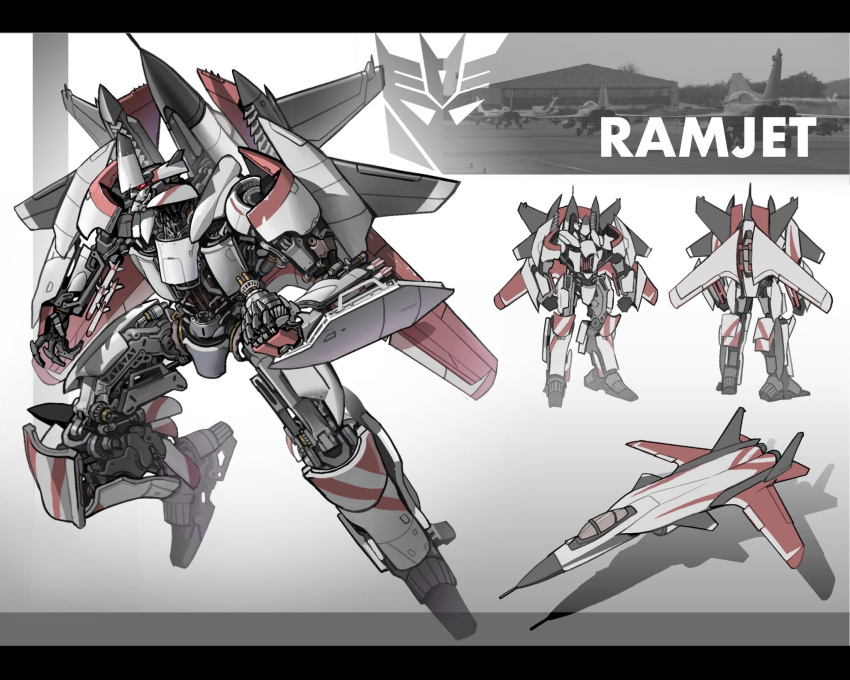 aircraft airplane character_name clenched_hands decepticon english_commentary fighter_jet highres jet kamitoge_supino letterboxed looking_ahead mecha military military_vehicle multiple_views no_humans open_hands ramjet red_eyes redesign reference_sheet robot science_fiction su-47_berkut transformers