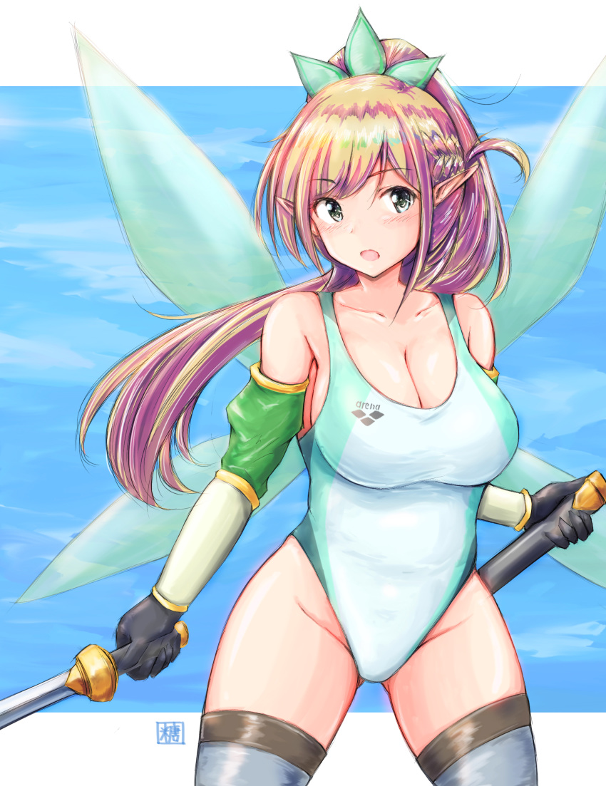 absurdres arena_(company) ass_visible_through_thighs bad_id bad_pixiv_id bare_shoulders black_gloves black_thighhighs blush braid breasts cleavage collarbone commentary competition_swimsuit cosplay cowboy_shot elf energy energy_wings fairy fairy_wings female gloves green_thighhighs green_wings groin high_ponytail highleg highres holding holding_sheath holding_sword holding_weapon kanojo_okarishimasu large_breasts leafa leafa_(cosplay) light_brown_hair long_hair looking_at_viewer magic mizuhara_chizuru multiple_wings one-piece_swimsuit open_mouth pointy_ears ponytail sheath solo swimsuit sword sword_art_online thighhighs thighs tong_shui twin_braids unsheathed weapon white_one-piece_swimsuit wings