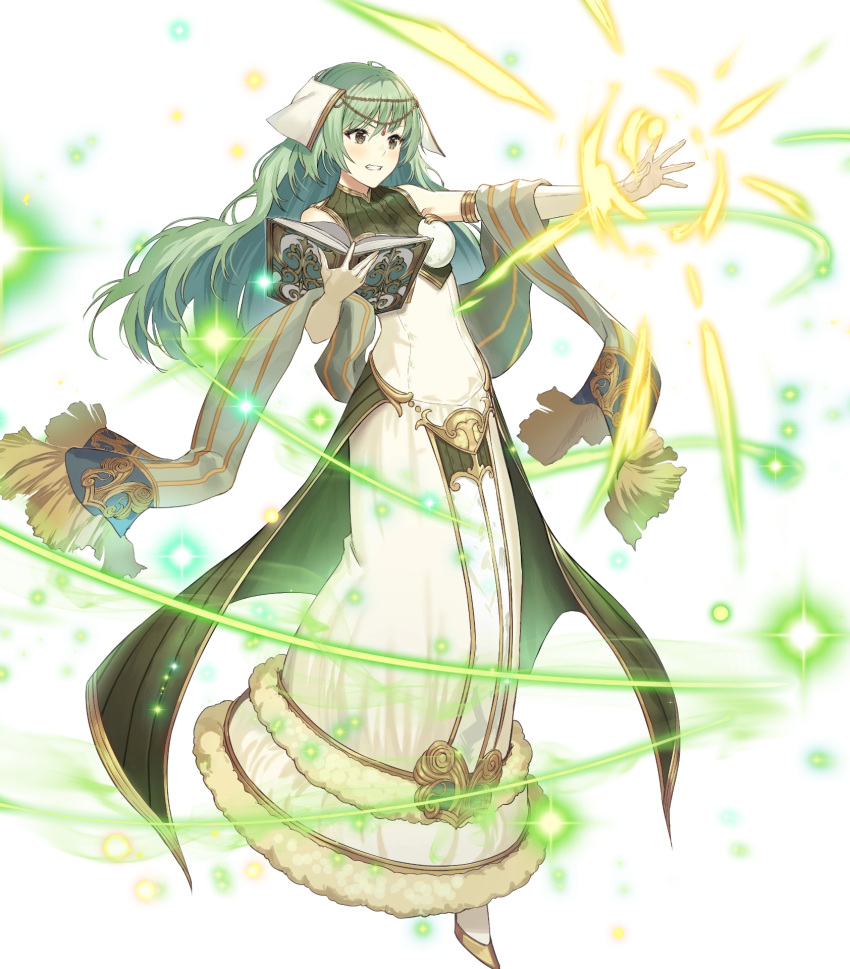 bare_shoulders blush book breasts dress elbow_gloves female fire_emblem fire_emblem_echoes:_shadows_of_valentia fire_emblem_heroes full_body fur_trim gloves green_eyes green_hair haru_(hiyori-kohal) highres holding holding_book long_dress long_skirt looking_away magic medium_breasts non-web_source official_art open_book parted_lips skirt sleeveless solo sparkle tatiana_(fire_emblem) transparent_background white_gloves