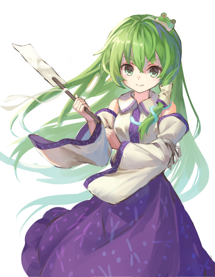 bras_d'honneur commentary_request detached_sleeves female frog_hair_ornament gohei green_eyes green_hair hair_ornament hair_tubes hand_up highres holding kochiya_sanae long_hair long_skirt long_sleeves looking_at_viewer nontraditional_miko shirt simple_background skirt smile snake_hair_ornament solo touhou very_long_hair white_background white_shirt wide_sleeves wind yanyan_(shinken_gomi)