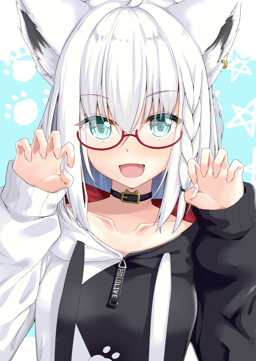 absurdres ahoge animal_ear_fluff animal_ears bespectacled black_choker blue_eyes borumete braid choker claw_pose collarbone commentary_request cosplay ear_piercing female fox_ears glasses highres hololive hood hoodie long_hair looking_at_viewer multicolored_hair ookami_mio ookami_mio_(casual) ookami_mio_(cosplay) open_mouth piercing red-framed_eyewear semi-rimless_eyewear shirakami_fubuki sidelocks smile solo streaked_hair under-rim_eyewear virtual_youtuber white_hair