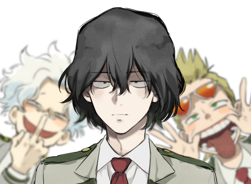 3boys aged_down black_hair blonde_hair blurry blurry_background boku_no_hero_academia depth_of_field eraser_head_(boku_no_hero_academia) expressionless eyewear_on_head hair_between_eyes long_bangs loud_cloud making_faces male_focus messy_hair middle_finger multiple_boys open_mouth present_mic quiff school_uniform short_hair solo_focus tongue tongue_out u.a._school_uniform ura_musi vigilante_-boku_no_hero_academia:_illegals- white_background white_hair