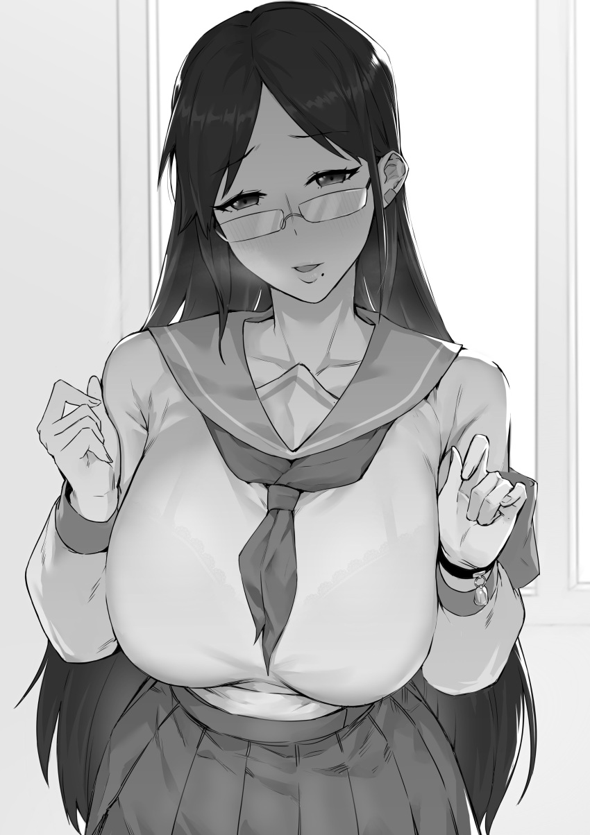 absurdres bra_visible_through_clothes bracelet breasts dawalixi female glasses greyscale highres jewelry large_breasts long_hair mole mole_under_mouth monochrome original parted_bangs pleated_skirt sailor_collar school_uniform serafuku shirt_tucked_in skirt solo