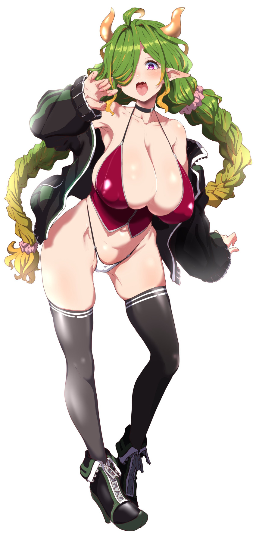 absurdres ahoge bikini braid breasts choker clearite clearite_(vtuber) cleavage covered_nipples fangs female green_hair hair_over_one_eye highleg highleg_bikini highres horns huge_breasts indie_virtual_youtuber jacket long_hair nail_polish off_shoulder scrunchie shoes skindentation solo swimsuit thick_eyebrows thighhighs twin_braids virtual_youtuber white_background