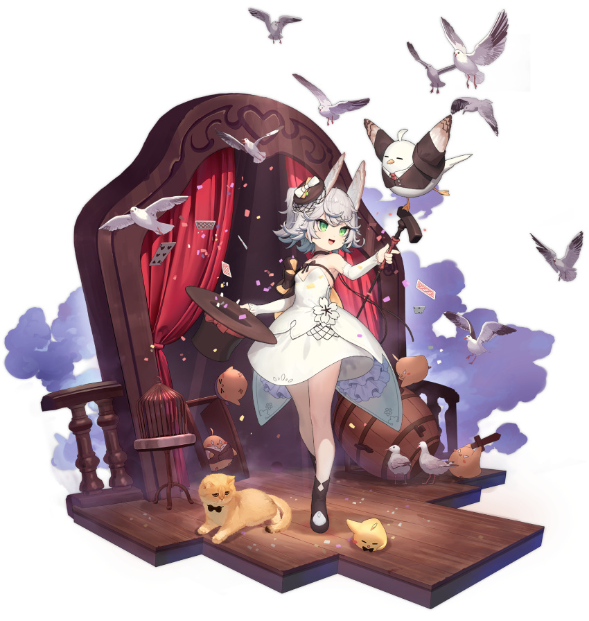 animal_ears azur_lane bird birdcage black_footwear breasts cage cane detached_sleeves dress feline female green_eyes hat highres holding holding_cane holding_clothes holding_hat keg_(container) kinjo_kuromomo kitakaze_(azur_lane) kitakaze_(night_of_doves_and_magic)_(azur_lane) manjuu_(azur_lane) official_alternate_costume official_art open_mouth short_hair small_breasts solo standing strapless strapless_dress top_hat transparent_background unworn_hat unworn_headwear white_dress white_hair