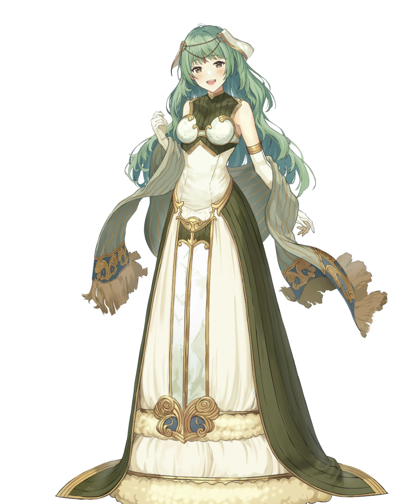 bare_shoulders blush breasts dress elbow_gloves female fire_emblem fire_emblem_echoes:_shadows_of_valentia fire_emblem_heroes full_body fur_trim gloves green_eyes green_hair hair_ornament hand_up haru_(hiyori-kohal) head_tilt highres long_dress looking_at_viewer medium_breasts non-web_source official_art open_mouth sleeveless smile solo standing tatiana_(fire_emblem) transparent_background white_gloves