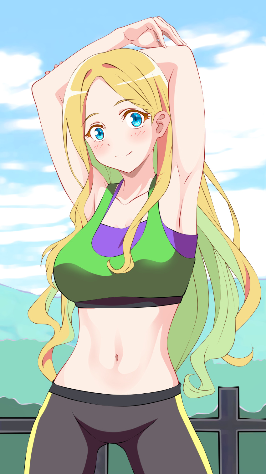 absurdres anna_aveiro aqua_eyes armpits arms_up black_pants blonde_hair blue_sky breasts closed_mouth cloud colored_inner_hair commentary_request day female green_hair green_sports_bra highres kiniro_tofu large_breasts leggings long_hair looking_at_viewer mountain multicolored_hair na_nare_hana_nare navel outdoors pants sky smile solo sports_bra stomach stretching two-tone_hair