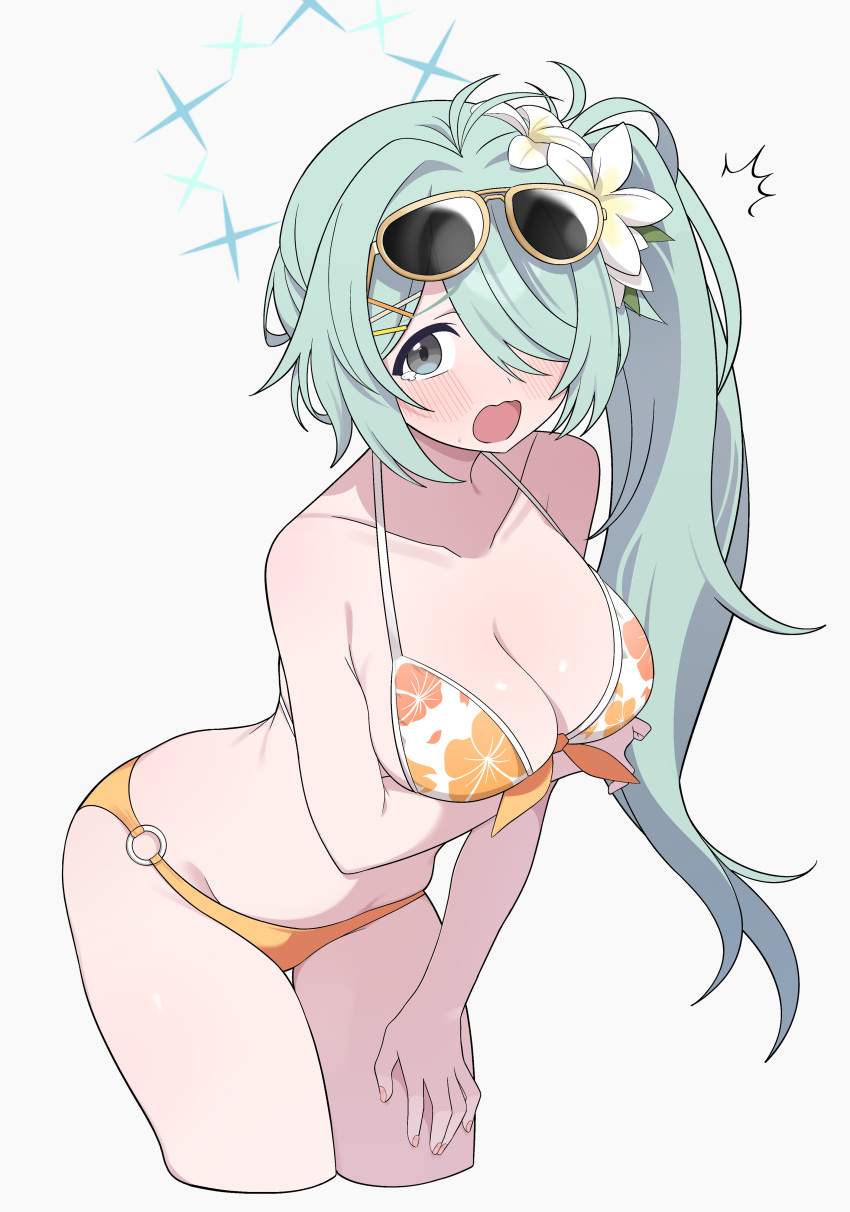 ^^^ absurdres aqua_hair arm_under_breasts bikini black_eyes blue_archive breasts cleavage collarbone commentary_request eyewear_on_head female floral_print_bikini flower front-tie_bikini_top front-tie_top hair_flower hair_ornament hair_over_one_eye halo hand_on_own_thigh highres hiroikara_(smhong04) hiyori_(blue_archive) hiyori_(swimsuit)_(blue_archive) large_breasts leaning_forward long_hair looking_at_viewer o-ring o-ring_bikini official_alternate_costume open_mouth orange_bikini simple_background solo sunglasses swimsuit tearing_up white_background white_flower x_hair_ornament