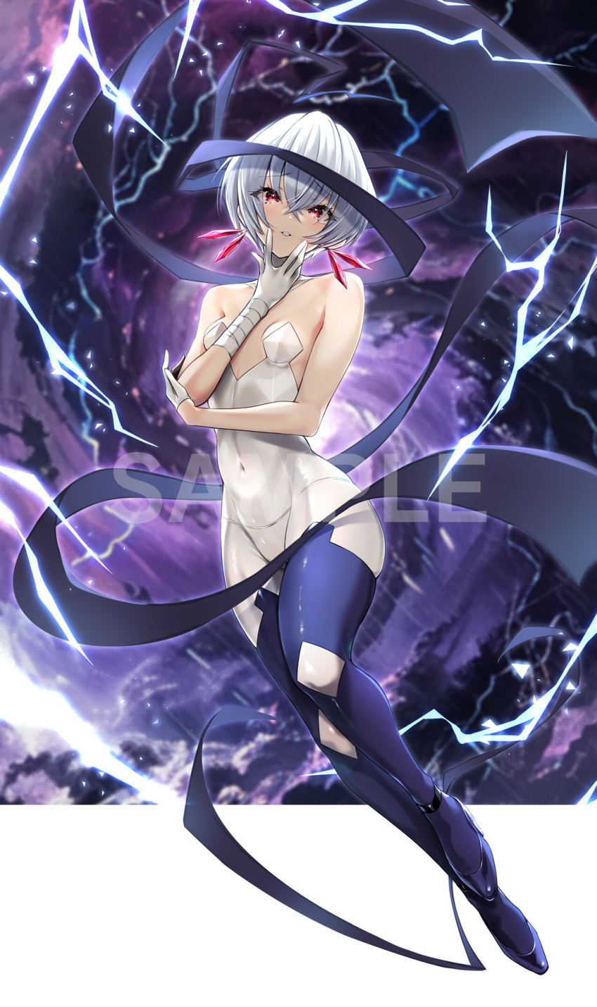 bandaged_arm bandages blue_footwear bodysuit breasts commentary_request covered_navel female full_body gloves grey_hair groin hair_between_eyes half_gloves hand_up highres looking_at_viewer mappaninatta parted_lips red_eyes sample_watermark shoes short_hair small_breasts solo ulith_(wixoss) watermark white_bodysuit white_gloves wixoss