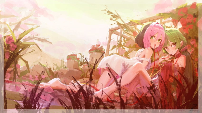 2girls absurdres all_fours bare_legs bare_shoulders barefoot black_hair commentary dress english_commentary flower grass green_eyes green_hair highres looking_at_viewer mocha_(osu!) mouth_hold multicolored_hair multiple_girls nepperoni osu! outdoors pink_hair pippi_(osu!) plant potted_plant red_dress red_eyes ribbon ribbon_in_mouth short_hair twintails twitter_username two-tone_hair white_dress yuri