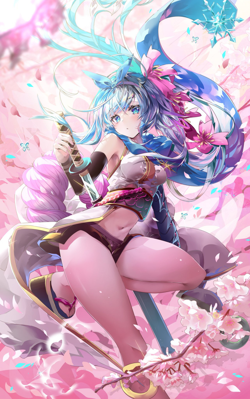 blue_eyes blue_hair blue_ribbon blue_scarf cherry_blossoms detached_sleeves female flower hair_ornament highres holding holding_sword holding_weapon katana kousetsu_samonji_(tenka_hyakken) looking_at_viewer midriff pink_flower pink_sash ribbon sash scarf sho_(runatic_moon) sword tenka_hyakken thighs weapon