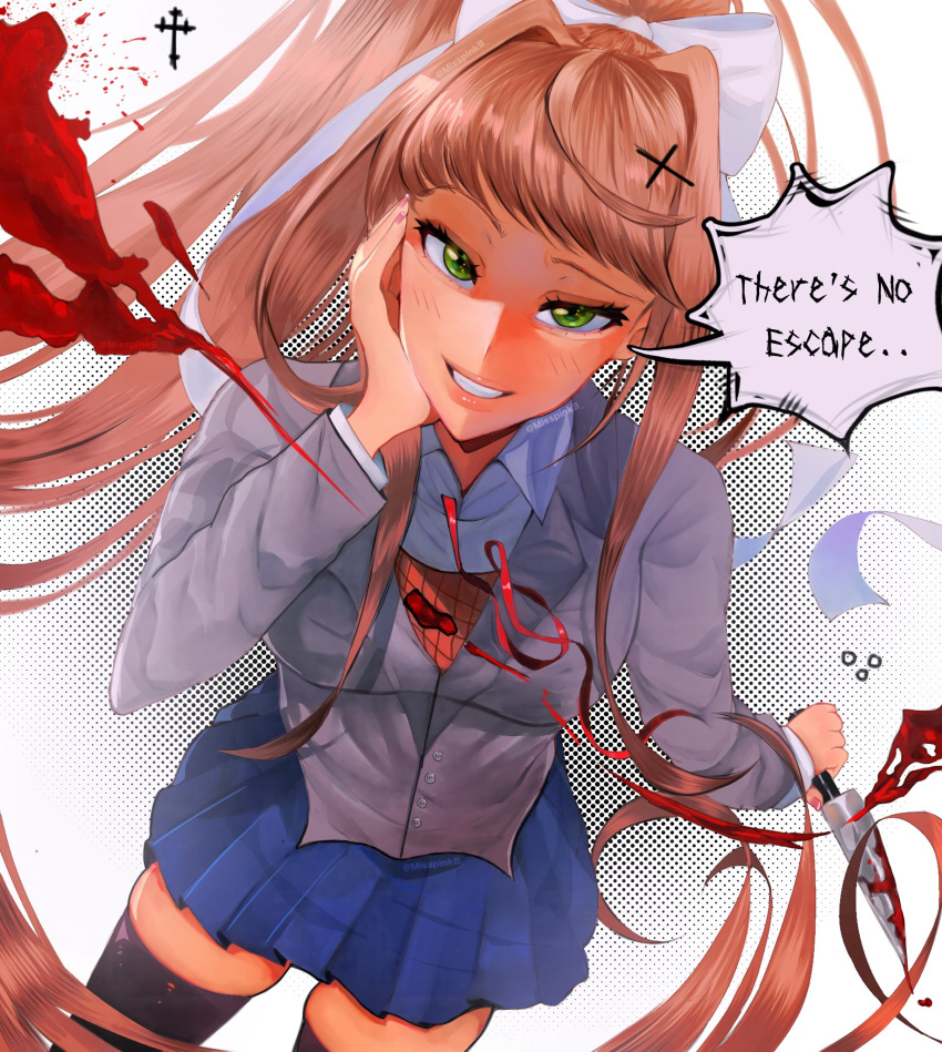 absurdly_long_hair ahoge black_background black_thighhighs blood blood_on_knife blood_splatter blue_skirt blush bow breasts brown_hair brown_sweater_vest collared_dress commentary cross_bottony cross_hair_ornament doki_doki_literature_club dress dress_shirt dutch_angle english_commentary from_above gradient_background green_eyes grey_jacket hair_intakes hair_ornament hair_ribbon hairbow halftone halftone_texture hand_on_own_face highres holding holding_knife holding_weapon jacket kitchen_knife knife large_breasts long_hair looking_at_viewer looking_up misspinkb monika_(doki_doki_literature_club) neck_ribbon parted_lips pink_lips ponytail raised_eyebrow red_ribbon ribbon shaded_face shirt sidelocks skindentation skirt smile speech_bubble sweater_vest thighhighs undone_neck_ribbon very_long_hair weapon white_background white_bow white_ribbon white_shirt yandere zettai_ryouiki