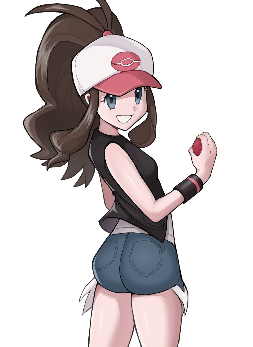 antenna_hair black_vest black_wristband brown_hair commentary_request exposed_pocket eyelashes female grey_eyes grin hand_up happy hat high_ponytail highres hilda_(pokemon) holding holding_poke_ball koniko_(525lj) long_hair poke_ball poke_ball_(basic) pokemon pokemon_bw shirt short_shorts shorts sidelocks simple_background smile solo teeth vest wedgie white_background white_hat white_shirt