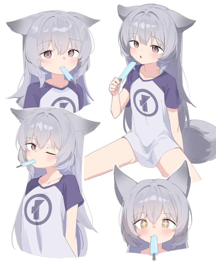 +_+ animal_ears arsyky14 brown_eyes female food food_in_mouth fox_ears fox_girl fox_tail grey_hair highres holding holding_food holding_popsicle jaana_kettu long_hair looking_at_viewer naked_shirt no_pants one_eye_closed original popsicle popsicle_in_mouth shirt short_sleeves sitting spread_legs tail