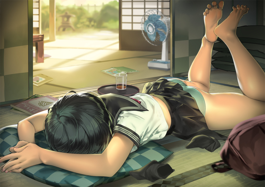 arms_up barefoot black_hair black_sailor_collar black_skirt black_socks clothes_lift electric_fan feet feet_up female glass green_panties head_rest indoors legs_up lying on_floor on_stomach original panties pillow sailor_collar school_uniform serafuku shirt short_hair skirt skirt_lift sliding_doors socks soles solo tatami tray twinpoo underwear unworn_socks white_shirt