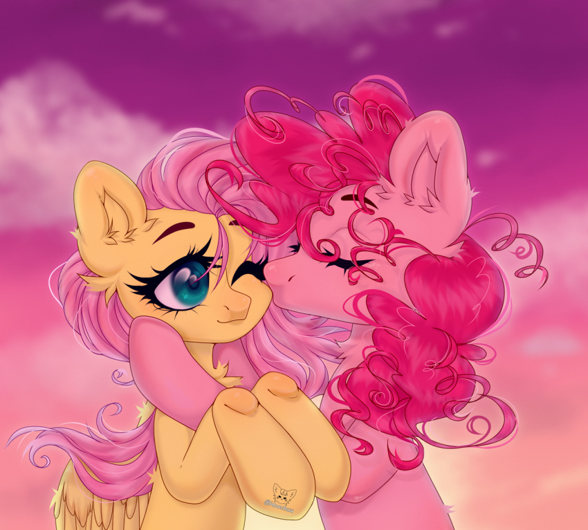 closed_eyes cloud cloudy_sky duo equid equine female female/female fluttershy_(mlp) friendship_is_magic hair happy hasbro hoochuu horse kissing mammal messy_hair my_little_pony mythological_creature mythological_equine mythology one_eye_closed orange_sky pegasus pink_body pinkie_pie_(mlp) pony sky smile sunset wings