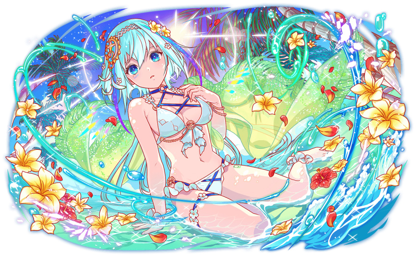 aqua_eyes aqua_hair arm_support artist_request bare_arms bare_legs bare_shoulders barefoot bikini blue_sky blue_thigh_strap breasts cel_shading character_request choker cleavage collarbone crash_fever cross-laced_bikini cross-laced_clothes day female flower flower_thigh_strap full_body game_cg hair_between_eyes hair_flower hair_ornament hairband hand_on_ground hibiscus hibiscus_petals light_rays long_hair looking_at_viewer medium_hair number_print numbered o-ring o-ring_bikini o-ring_choker official_art on_ground open_mouth outdoors outline palm_leaf palm_tree partially_submerged plumeria red_flower red_outline red_petals see-through single_ankle_cuff sitting sky solo square square_print sunbeam sunburst sunlight swimsuit tachi-e thigh_strap third-party_source transparent_background tree very_long_hair water white_ankle_cuffs white_bikini white_hairband white_wristband yellow_flower yokozuwari