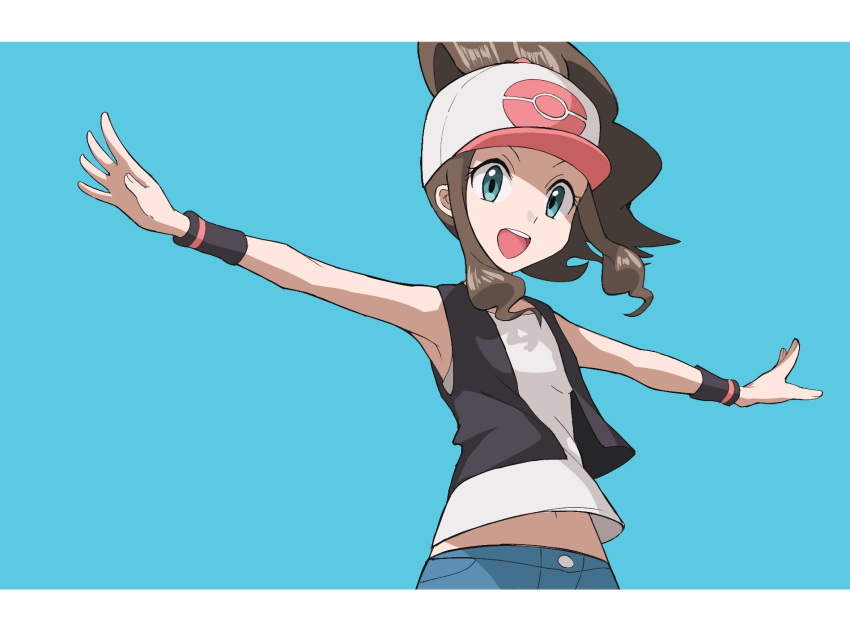 :d baseball_cap black_vest brown_hair commentary_request denim denim_shorts eyelashes female hat high_ponytail highres hilda_(pokemon) koniko_(525lj) long_hair looking_down midriff_peek navel open_mouth outstretched_arms pokemon pokemon_bw shirt shorts sidelocks sleeveless sleeveless_shirt smile solo teeth tongue upper_teeth_only vest white_shirt wristband