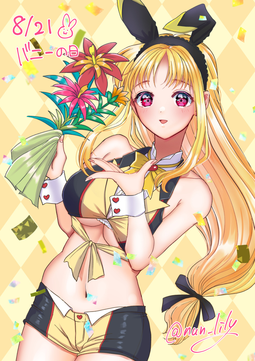 animal_ears bare_shoulders blonde_hair bow breasts bunny_day don_quijote_(store) fake_animal_ears fate_testarossa female flower highres holding holding_flower large_breasts long_hair low-tied_long_hair lyrical_nanoha lyrical_store mahou_shoujo_lyrical_nanoha_strikers midriff navel nun_(nun_lily) official_alternate_costume rabbit_ears red_eyes short_shorts shorts solo underboob wrist_cuffs yellow_background yellow_bow