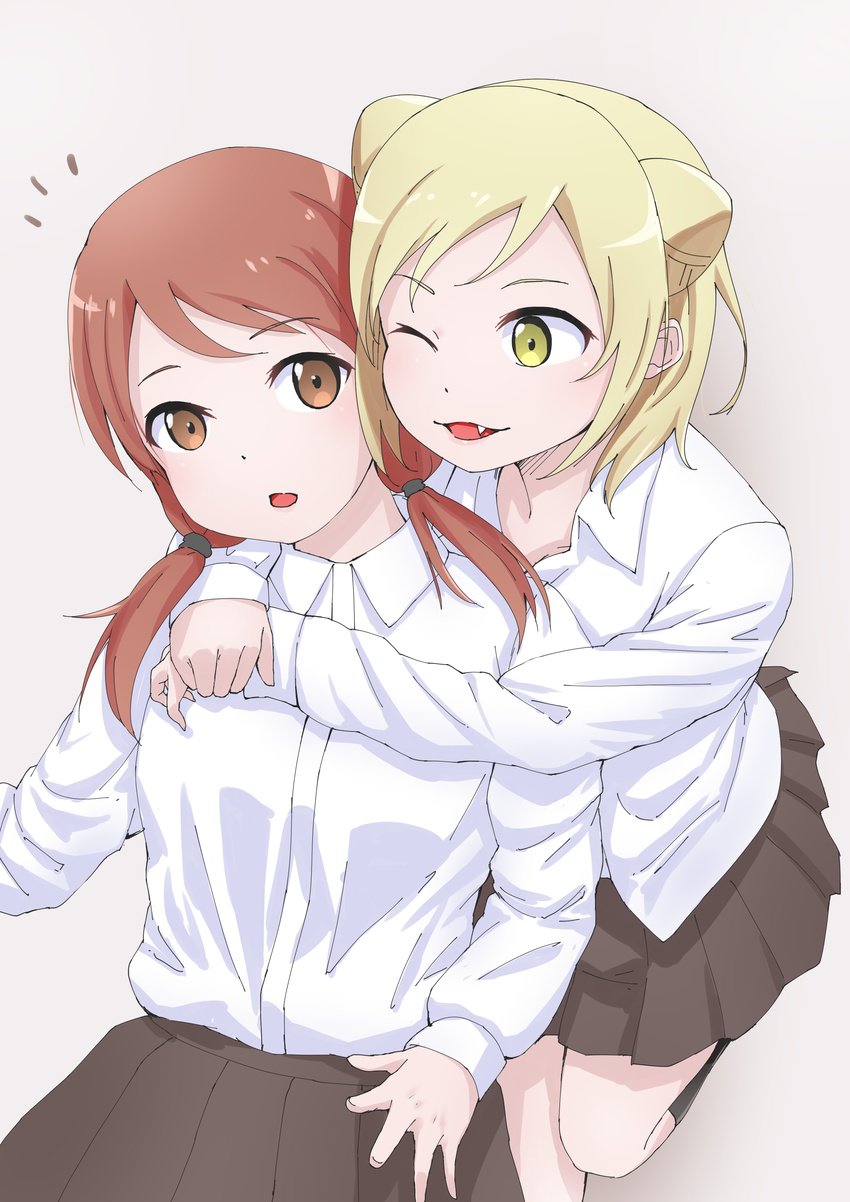 2girls absurdres bad_id bad_pixiv_id blonde_hair brown_hair commentary_request demi-chan_wa_kataritai double_bun dress_shirt hair_bun highres hitsuji_(sheepsb22) low_twintails multiple_girls oerba_yun_fang one_eye_closed open_mouth school_uniform shirt siblings sisters skirt takanashi_hikari takanashi_himari twins twintails vampire white_shirt yellow_eyes