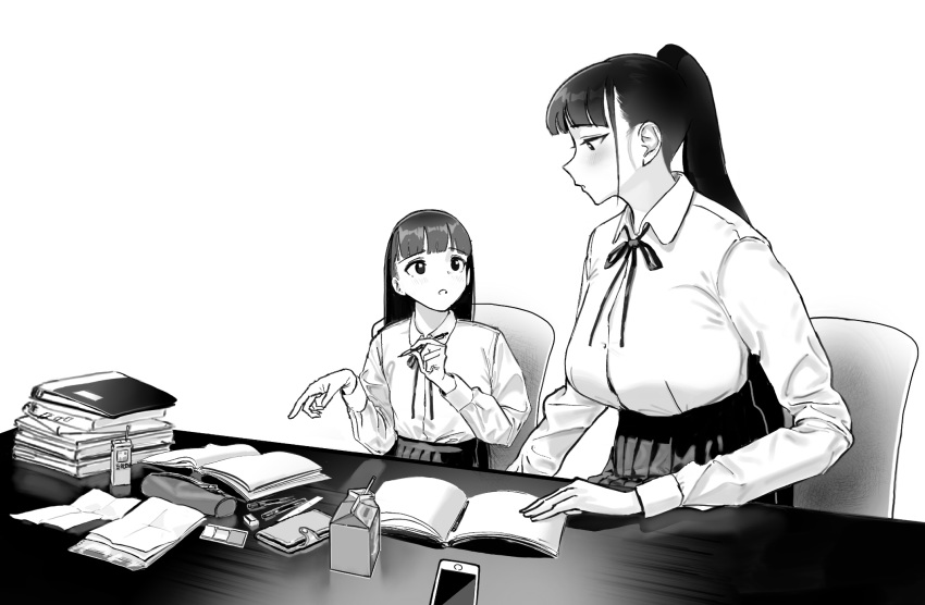 2girls bad_id bad_pixiv_id blunt_bangs blush book book_stack breasts carton cellphone chair collared_shirt drinking_straw eraser greyscale height_difference highres hiramedousa juice_box large_breasts long_hair long_sleeves milk_carton monochrome multiple_girls open_book original paper parted_lips pen phone pleated_skirt pointing ponytail profile shirt shirt_tucked_in simple_background sitting size_difference skirt table white_background