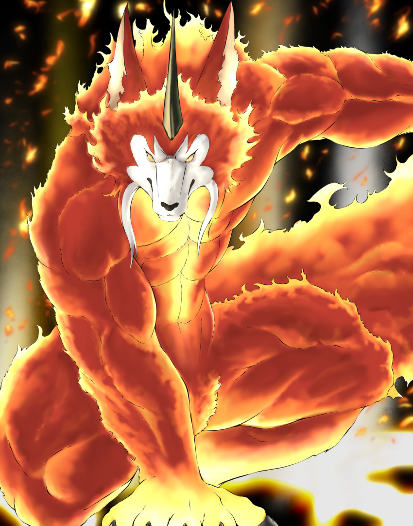 2022 abs absurd_res anthro biceps canid canine canis chibikoma digital_drawing_(artwork) digital_media_(artwork) female fire flaming_body hi_res horn magic_knight_rayearth male mammal muscular muscular_anthro muscular_male pecs portrait rayearth solo three-quarter_portrait white_face wolf yellow_sclera