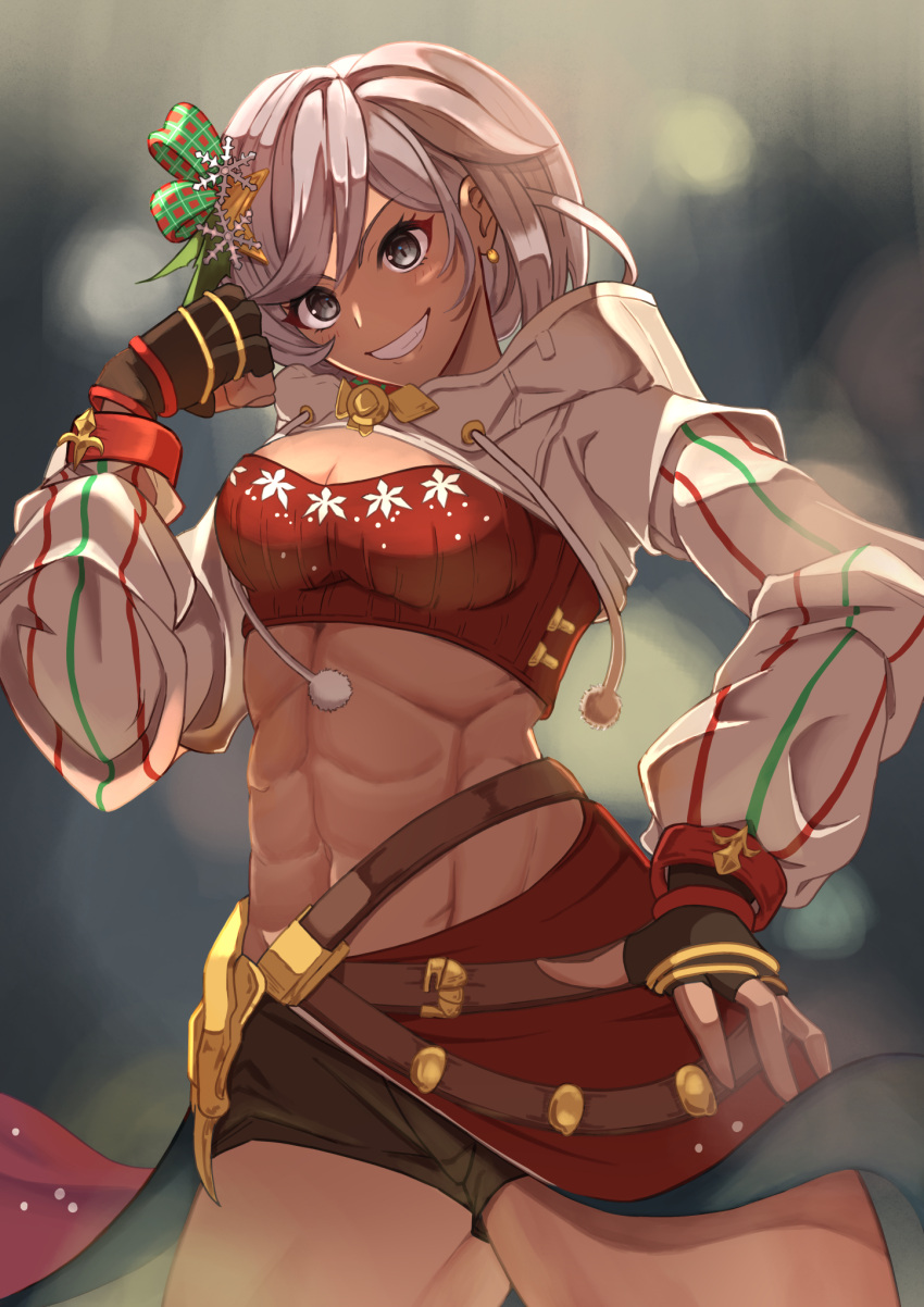 abs bandeau black_gloves black_shorts breasts cape cleavage clenched_hand commentary_request cowboy_shot crop_top dark-skinned_female dark_skin drawstring earrings female fingerless_gloves fiorito_(granblue_fantasy) gloves granblue_fantasy grey_hair grin groin hair_between_eyes hair_ornament hair_ribbon hand_up highres hood hood_down hooded_jacket jacket jewelry long_sleeves looking_at_viewer medium_breasts midriff muscular muscular_female navel official_alternate_costume red_bandeau red_cape ribbon rizzy short_hair short_shorts shorts shrug_(clothing) sidelocks smile snowflake_hair_ornament solo standing standing_on_one_leg teeth waist_cape white_jacket