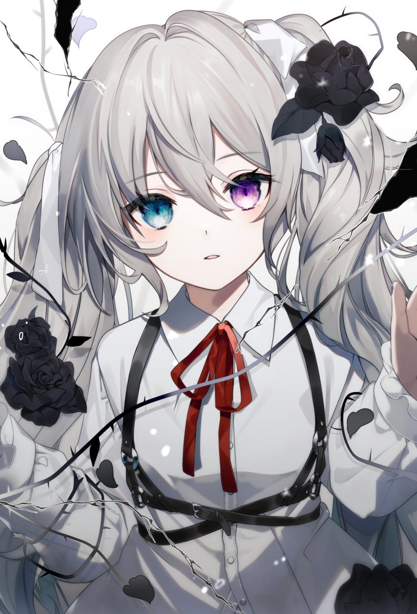 25-ji_miku absurdres black_flower black_rose blue_eyes blush collared_shirt daimaou_ruaeru female flat_chest flower grey_hair hair_between_eyes hair_flower hair_ornament hatsune_miku heterochromia highres long_hair neck_ribbon parted_lips project_sekai purple_eyes red_ribbon ribbon rose shirt solo twintails vocaloid white_background white_shirt