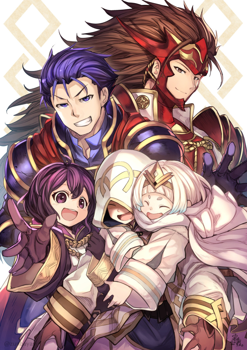 2girls 3boys ambiguous_gender armor blue_eyes blue_hair brown_eyes brown_hair cape crown fire_emblem fire_emblem:_the_blazing_blade fire_emblem_awakening fire_emblem_fates fire_emblem_heroes gloves grin hector_(fire_emblem) highres hood kiran_(fire_emblem) looking_at_viewer morgan_(female)_(fire_emblem) morgan_(fire_emblem) multiple_boys multiple_girls nakabayashi_zun purple_eyes purple_hair robe ryoma_(fire_emblem) smile white_hair ylgr_(fire_emblem)