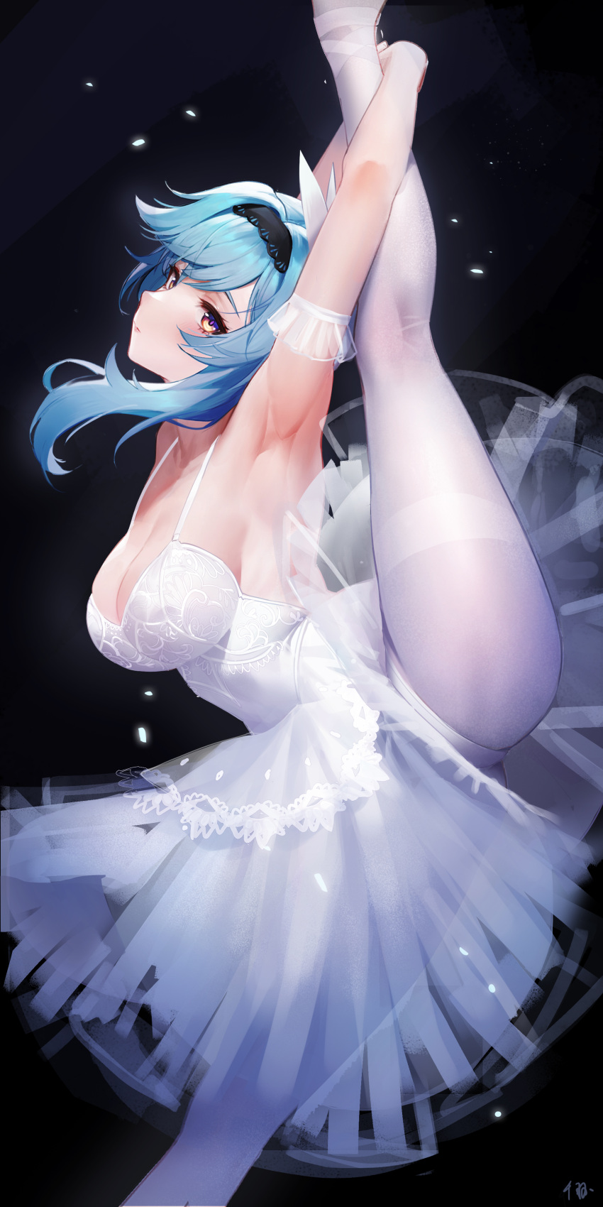 absurdres arabesque_(pose) arm_strap armpits arms_up ballerina ballet black_background black_hairband blue_hair breasts butterfly_hair_ornament cleavage closed_mouth dress eula_(genshin_impact) female genshin_impact hair_ornament hairband highres large_breasts leotard leotard_peek long_hair looking_at_viewer pantyhose purple_eyes senba_(592683801) signature solo split standing standing_on_one_leg standing_split thighband_pantyhose tutu white_dress white_pantyhose