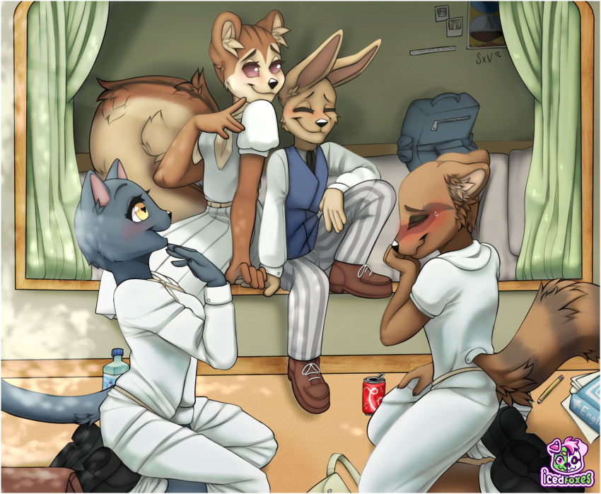 anthro bag beastars bed beverage blush border canid canine charming clothing dormitory felid feline female fennec_fox footwear fox furniture group hanging_out hi_res icedfoxes male mammal raccoon_dog relaxing rodent sally_(beastars) school_bag school_uniform sciurid shoes smile tanuki tree_squirrel true_fox uniform voss_(beastars) white_border