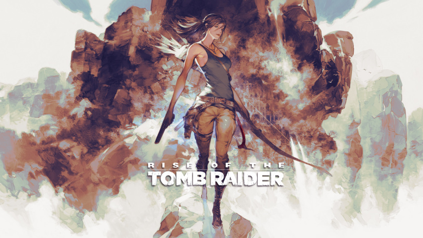 alt_text boots bow_(weapon) brown_hair cliff copyright_name english_commentary female full_body gun handgun highres jewelry lara_croft looking_at_viewer mountain necklace official_art pickaxe ponytail quiver rock solo square_enix standing tank_top tomb_raider tomb_raider_(reboot) weapon yoshida_akihiko