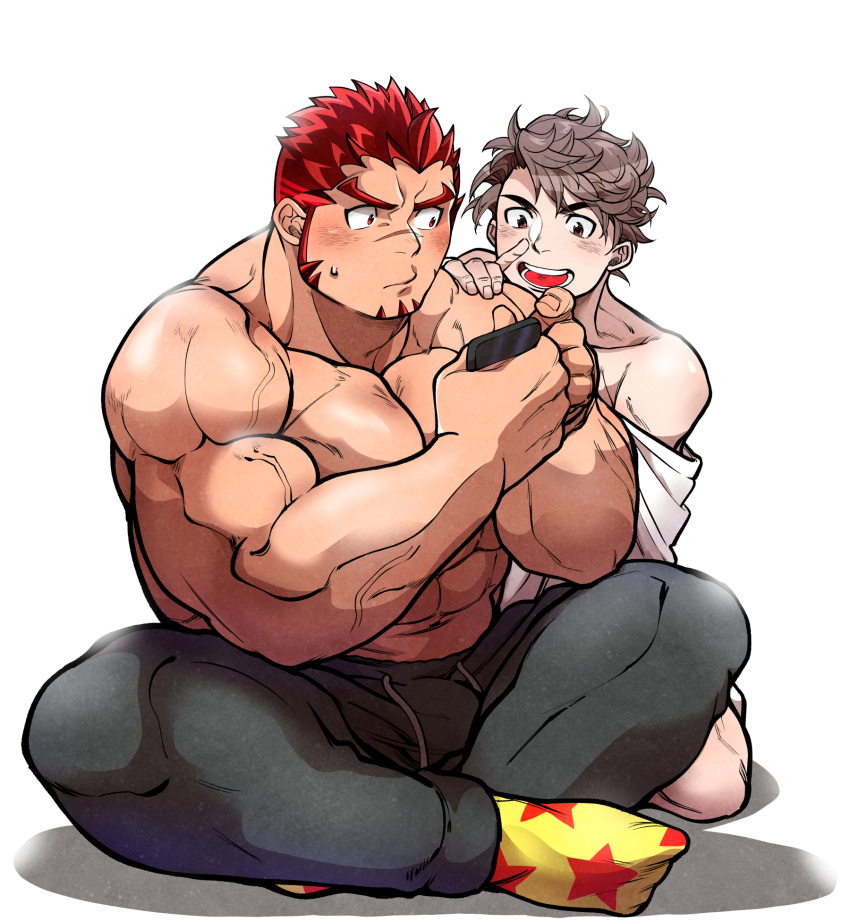 2boys abs akashi_(live_a_hero) alternate_costume bara blush bulge crossed_legs facial_hair goatee gradient_hair grey_pants highres holding holding_phone kizami_nori_to_yamaimo live_a_hero long_sideburns looking_at_another male_focus male_protagonist_(live_a_hero) mature_male multicolored_hair multiple_boys muscular muscular_male navel off_shoulder pants pectorals phone red_eyes red_hair short_hair sideburns sitting socks stomach thick_eyebrows topless_male track_pants yaoi