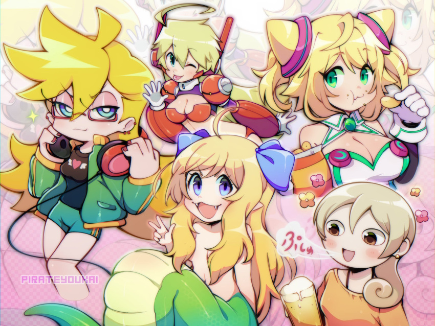 5girls ahoge alcohol artist_name beer beer_mug black_shirt blonde_hair blue_bow blue_eyes bow breasts brown_eyes chips_(food) choukadou_girl_1/6 cleavage closed_mouth color_connection cup ear_piercing earrings eating fangs food glasses green_eyes green_jacket green_shorts hacka_doll hacka_doll_1 hair_color_connection hairbow half-closed_eyes headphones headphones_around_neck highres holding holding_food jacket jashin-chan jashin-chan_dropkick jewelry lamia large_breasts long_hair medium_hair monster_girl mug multiple_girls murasaki_wakako nona_(choukadou_girl_1/6) one_eye_closed open_mouth panty_&_stocking_with_garterbelt panty_(psg) photoshop_(medium) piercing pointy_ears potato_chips rectangular_eyewear red-framed_eyewear sami_(pirateyoukai) semi-rimless_eyewear shirt short_hair shorts small_breasts stud_earrings tongue tongue_out trait_connection translation_request under-rim_eyewear v wakako-zake