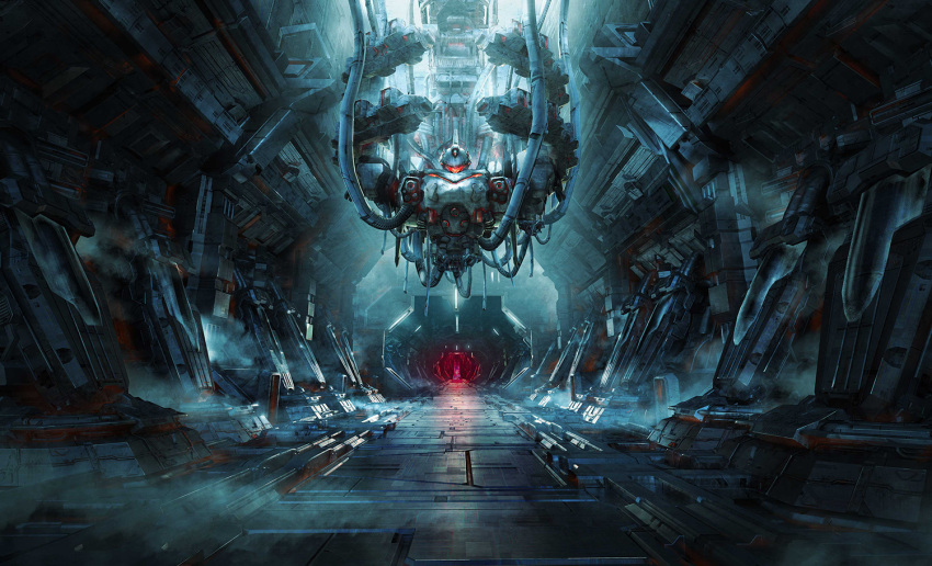 assault_visor cable daemon_x_machina hallway looking_at_viewer mecha no_humans official_art radiant_gleam realistic robot scenery science_fiction solo straight-on tani_(tanidesuyo) upper_body