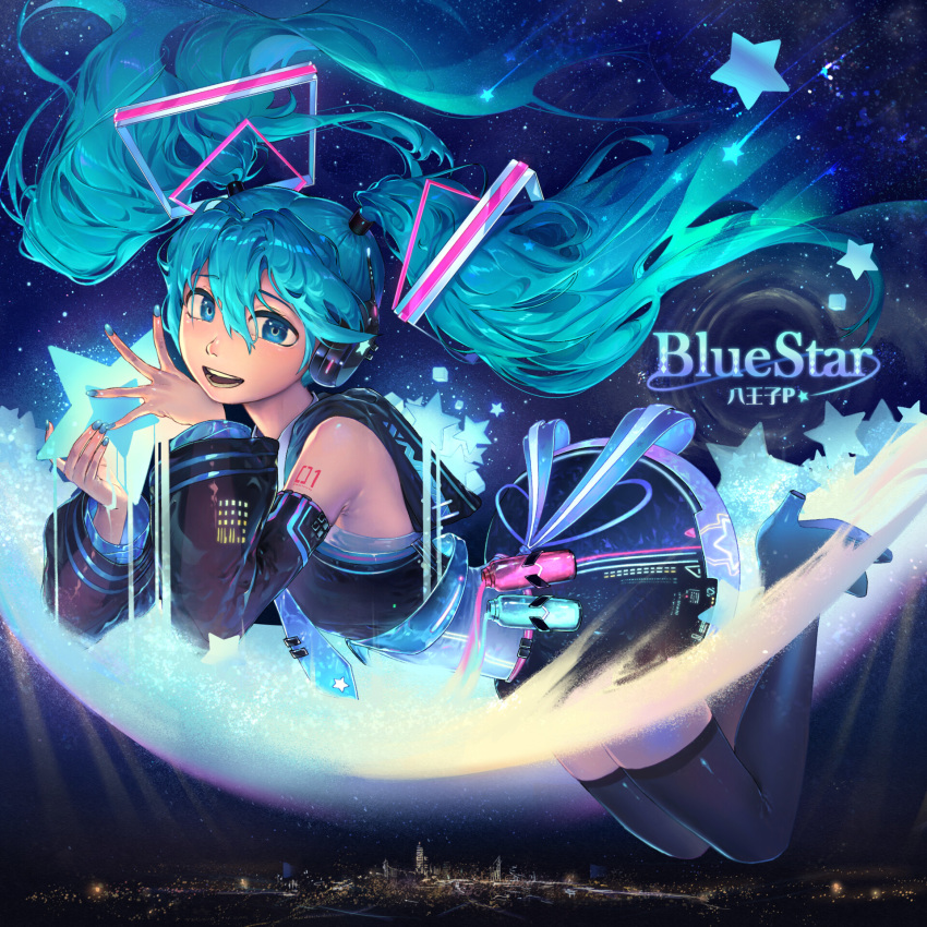 aqua_eyes aqua_hair blue_nails blue_star_(vocaloid) boots chinese_commentary city_lights commentary_request creator_name cytus cytus_ii detached_sleeves female flying hatsune_miku headphones highres holding holding_star long_hair looking_at_viewer necktie night night_sky open_mouth rubylovedraw sky skyline smile solo star_(symbol) tattoo thigh_boots thighhighs twintails very_long_hair vocaloid