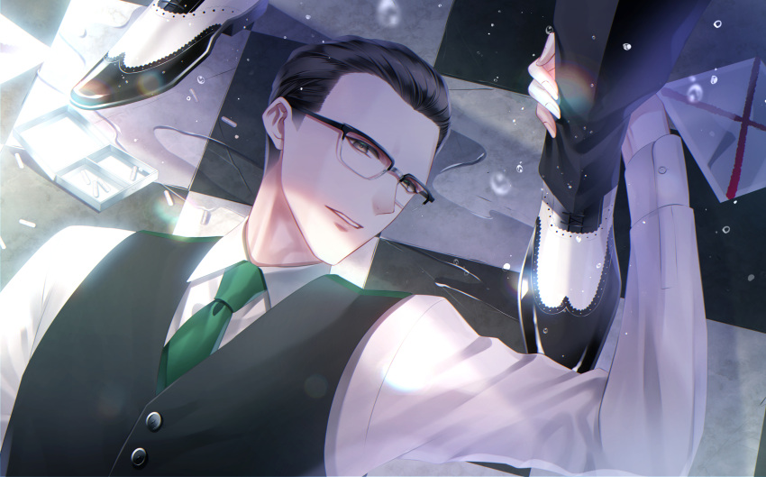 1boy animification araragi_soushi batman_(series) black-framed_eyewear black_hair brown_eyes checkered_floor dc_comics edward_nygma gotham_(series) green_necktie highres long_sleeves lying male_focus necktie on_back pill shoes vest wet_floor