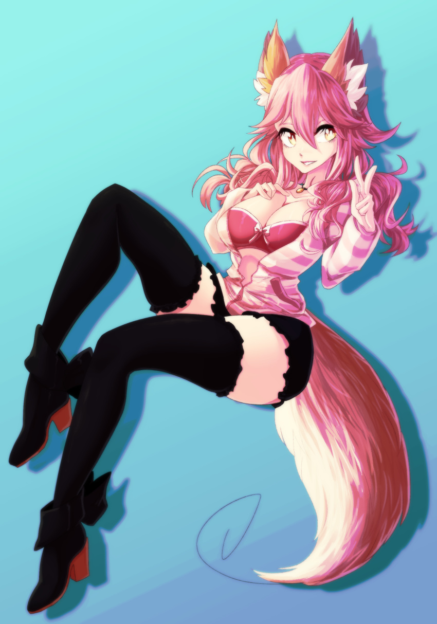 absurdres animal_ears black_thighhighs bra breasts cleavage collarbone commentary_request fate/extra fate/grand_order fate_(series) female fox_ears fox_tail gradient_background hand_on_own_chest highres jewelry large_breasts long_hair looking_away necklace official_alternate_costume open_clothes open_shirt pink_bra pink_hair riko_(rikooh) shirt solo striped_clothes striped_shirt tail tamamo_(fate) tamamo_no_mae_(fate/extra) tamamo_no_mae_(spring_casual)_(fate) thighhighs underwear yellow_eyes