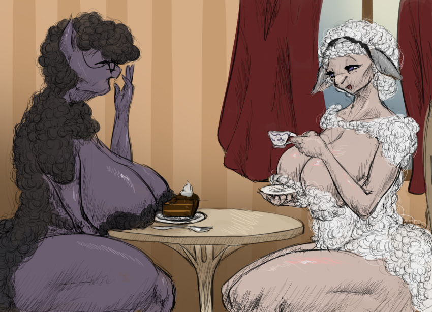 anthro beverage big_breasts black_hair bovid breasts cafe caprine closed_eyes domestic_sheep dreamy_pride duo equid equine female hair hanging_out hi_res horse huge_breasts hybrid lina_(dreamy_pride) mammal pony sheep smile stefanie tea tea_party